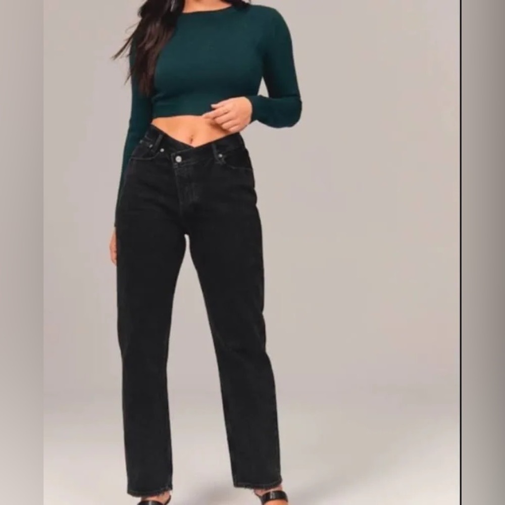 Abercrombie The Dad High Rise black jeans with crossover waist